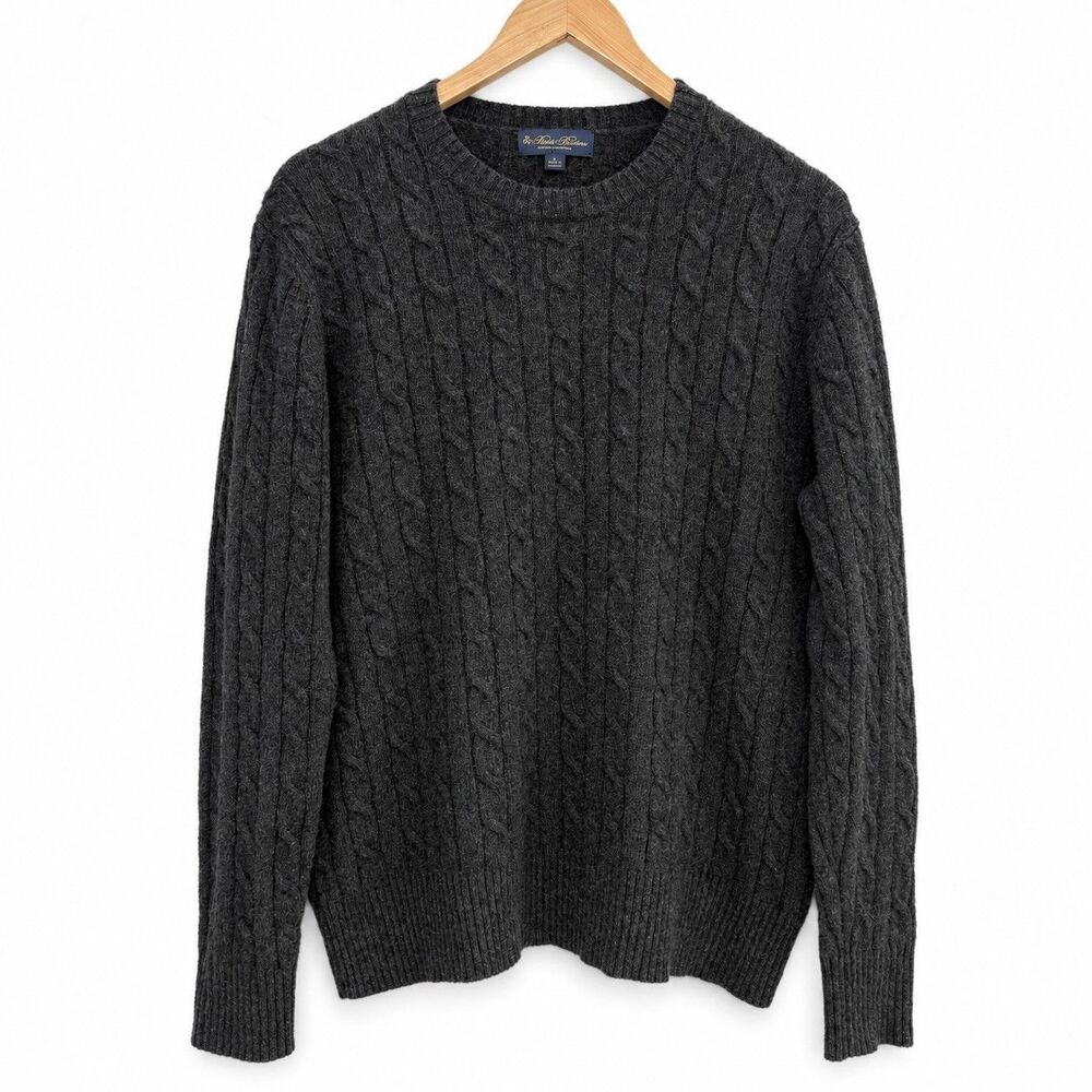 Brooks Brothers Mens 100% Lambswool Cable Knit Crewneck Sweater Gray Preppy